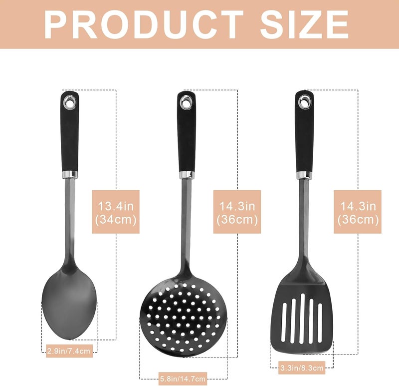 JXWING 3-Piece Cooking Utensils Set Stainless Steel Large Serving Spoons Set Slotted Spoon Spatula Turner Skimmer Commercial and Residential Use Dishwasher Safe, Black - Image 3